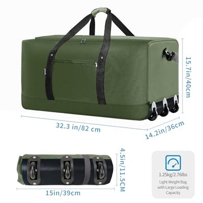 Finnhomy 120L Foldable Rolling Duffel Bag with 3 Wheels, Light Weight Travel Duffel bag with Large Loading Capacity, 32'' Rolling Duffel bag with Shoulder Strap - color: Green