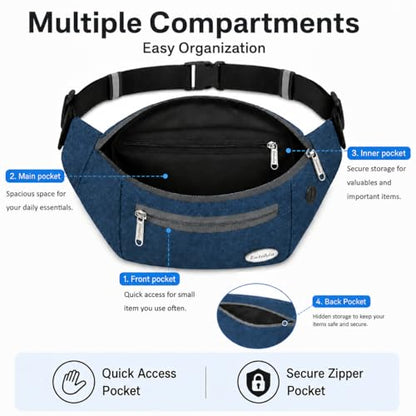 Entchin Water-Resistant Fanny Pack, 4-Zipper Belt Bag - color: Blue