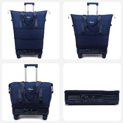 Rolling Duffle Bag with Wheels and Handle, Expandable Foldable Carry On Luggage with Removable Wheels, Personal Item Travel Bag, Lightweight Duffel Tote for Gym Hospital Weekender (Deep Navy) - color: Deep Navy