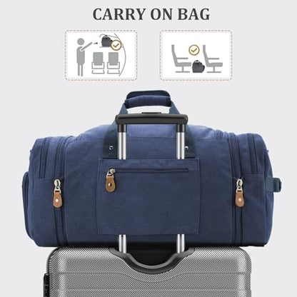Gonex Canvas Duffle Bag, Expandable 60L Travel Overnight Weekender Bag - color: Blue, size: X-Large-60L (With Shoe Compartment)