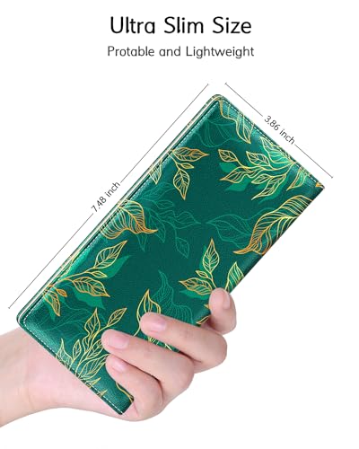 Womens Wallet, RFID Slim Wallet, Credit Card Holder Purse, Leather Bifold - color: Luxury Green Leaf