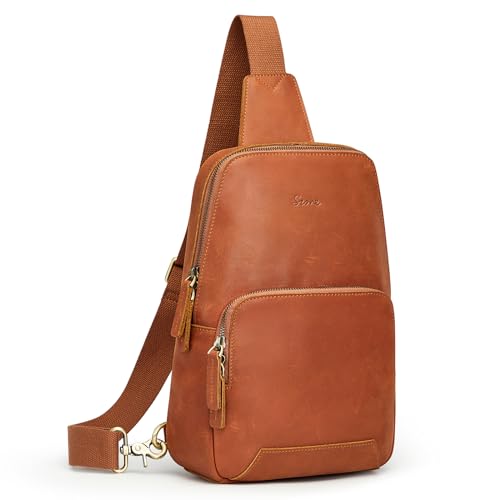 S-ZONE Sling Bag for Men Women RFID Blocking Genuine Leather Crossbody - color: Cognac