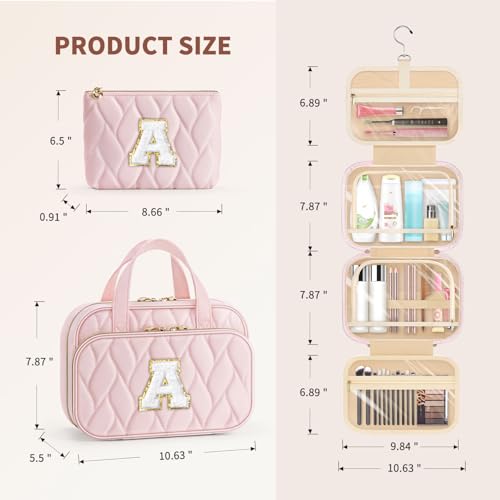 YOOLIFE Travel Toiletry Bag for Women - Hanging Toiletry Bag, Large Capacity Personalized Makeup Pouch, Travel Essentials - Letter Pink D - color: Pink, style: D