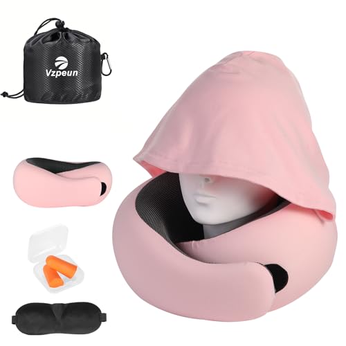 Travel Pillow - Hooded Neck Pillow Airplane Memory Foam Filling - color: Pink