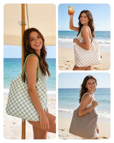 BAGSMART Tote Bag for Women, Travel Tote Beach Bag with Zipper for Gym - color: Khaki Checkerboard Pattern