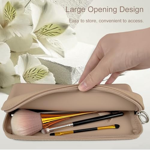 Zipper Makeup Brush Bag for Travel, Cosmetic Case for Women,Large Silicone Holder, Brush Pouch Case for Tools - Khaki