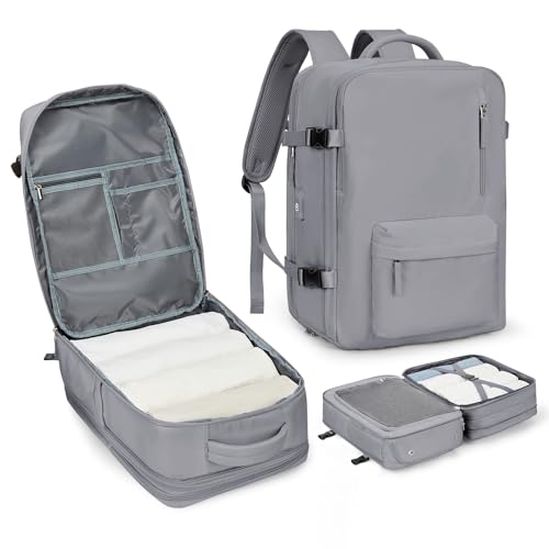 WONHOX Large Travel Laptop Backpack Expandable Flight Approved Backpack Carry on Backpack for Women Men Waterproof 17inch Laptop Daypack Hiking Work Backpack with Shoe Compartment Grey - color: A9-grey