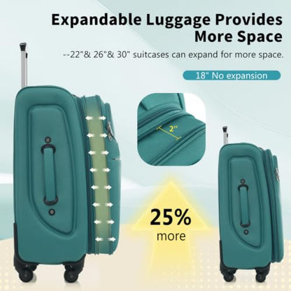 4-Piece Softside Luggage Set, Expandable Lightweight Polyester Suitcases with Spinner Wheels & TSA Lock, 18/22/26/30 Inch Travel Luggage Set with Front Pockets (Blue Green) - color: Blue Green