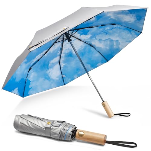 G4Free Windproof Travel Umbrella with Large Wooden Handle 46" Canopy - color: Silver/Sky