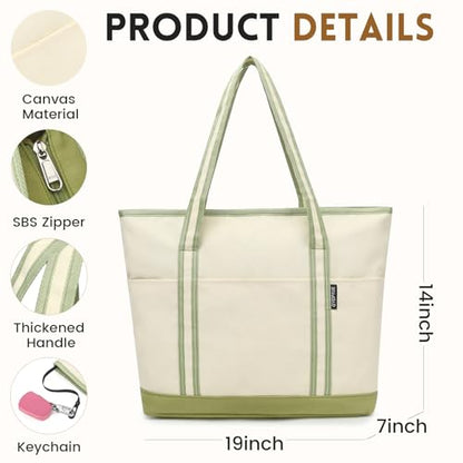 Large Canvas Tote Bag for Women, Beach Bag with Zipper, Utility Tote Bag with 3 Front Pockets, Weekender Pool Bag - color: Beige Yellow With Green
