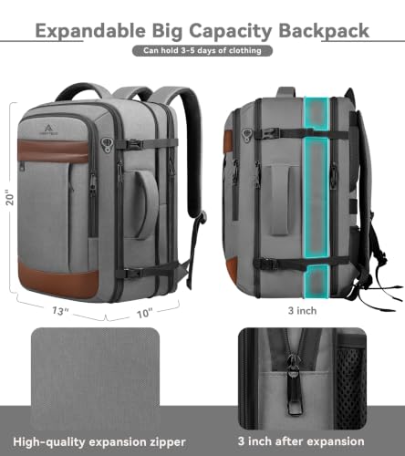 AREYTECO Expandable Carry on Backpack, 50L Extra Travel Laptop Backpack - color: Khakigrey, size: 17.3 Inch (20''x13''x10'')