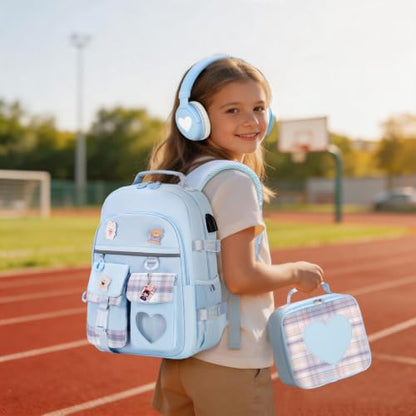 ACESAK Girls Backpack with Headphones, Insulated Lunch Box & Pencil Case - color: Blue