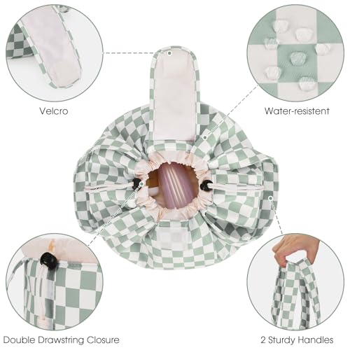 Narwey Lay Flat Drawstring Makeup Bag, Travel Toiletry Cosmetic Bag Women - color: Z-Mint Green Checkerboard