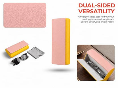 Double Sided Glasses Case Hard Shell,Sunglasses Case & Eyeglass Case with Cleaning Cloth & Storage Pouch - color: Pink-yellow