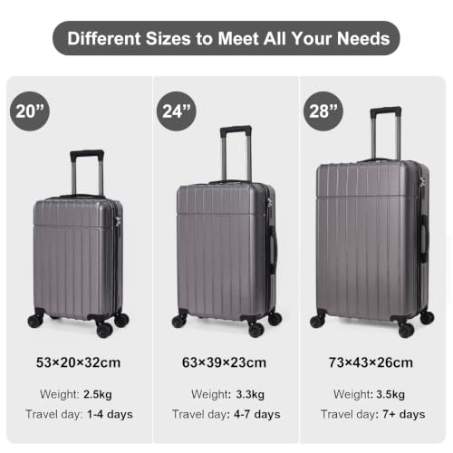 Luggage Sets 3 Piece(20/24/28)-Suitcase Set- Luggage with Wheels-PC + ABS Durable Lightweight Rotating hardshell suitcase (Grey) - color: Grey