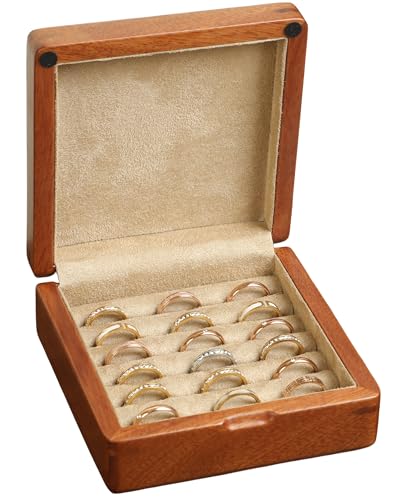 Solid Teak Wood Ring Box, Earring Holder Organizer - color: Khaiki Velvet, size: Small (5"L*5"W*2"H)