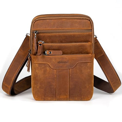 Leather Messenger Bag for Men, Small Leather Sling Shoulder Bag Messenger Pack for Men, Man Purse - color: Yellowish Brown