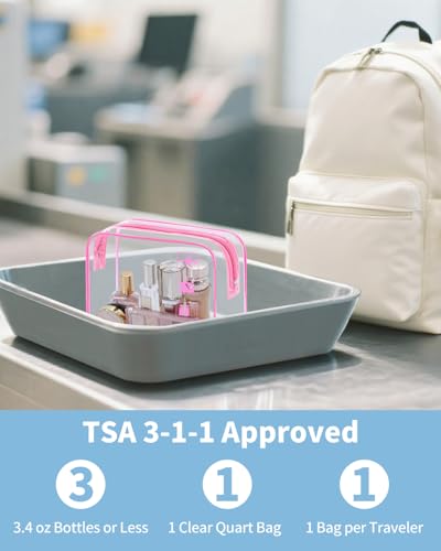 WANDF TSA Approved Toiletry Bag, 2 Pack Clear Makeup Bag - color: Pink Pack of 2, size: Pack of 2