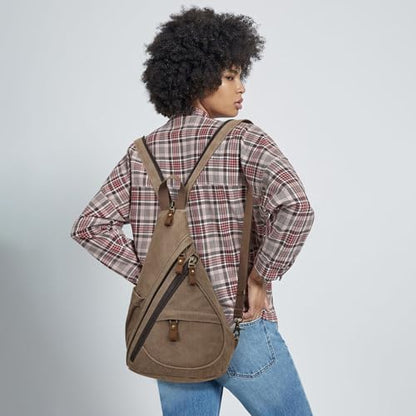 KL928 Canvas Sling Bag - Small Crossbody Backpack Shoulder Casual Daypack Rucksack for Men Women(Large Version,Brown) - color: Canvas-brown