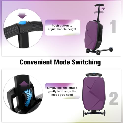 Scooter Luggage for Kids, Ride On Suitcase, Lightweight Foldable Luggage - color: Purple