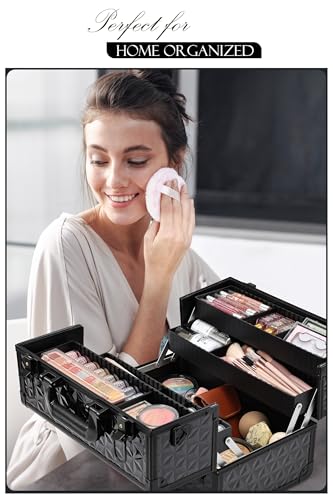 Joligrace Makeup Train Case Professional Cosmetic Organizer Aluminum Storage Box with 4 Adjustable Dividers Trays Lockable Portable with Shoulder Strap - color: Black
