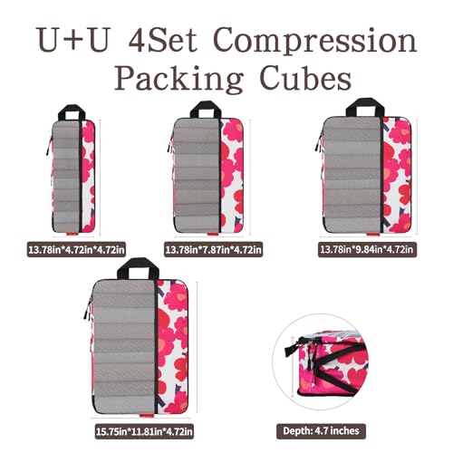 U+U 4 Set Compression Packing Cubes, Travel Organizers (Red Flower) - color: Red Flower, size: 4 Set