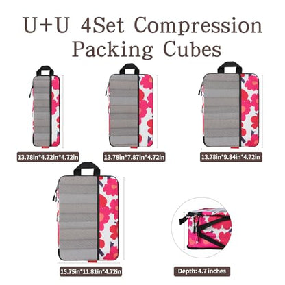 U+U 4 Set Compression Packing Cubes, Travel Organizers (Red Flower) - color: Red Flower, size: 4 Set