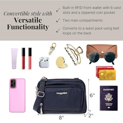 Baggallini Triple Zip with Front Wallet/Trifecta RFID Wallet Crossbody - color: French Navy
