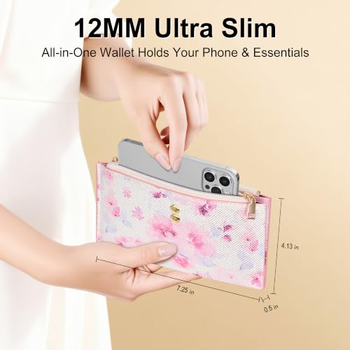 Travelambo Womens Leather Bifold Wallet, Slim RFID Blocking Card Holder - color: Pink Flower