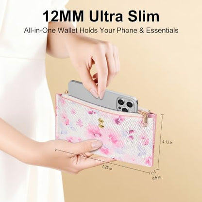 Travelambo Womens Leather Bifold Wallet, Slim RFID Blocking Card Holder - color: Pink Flower