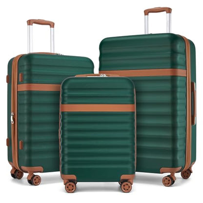 Kono 3-Piece Luggage Set 20/24/28in Expandable Hardside TSA Lock Green - color: Green/Brown, size: 3-piece set (20/24/28)
