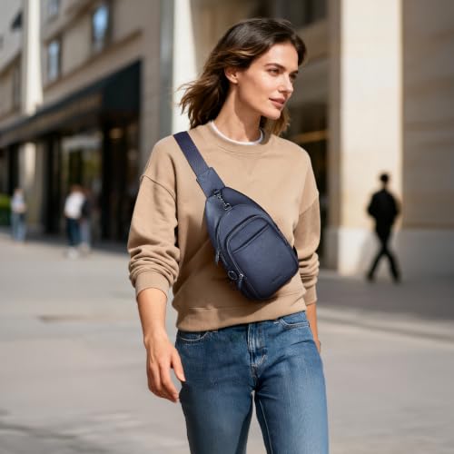 befen Real Leather Small Sling Bag for Women Anti Theft Crossbody Chest Bags Multi-Pockets Fanny Pack with RFID Blocking Card Slots Navy Blue - color: Navy Blue