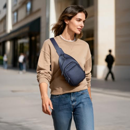 befen Real Leather Small Sling Bag for Women Anti Theft Crossbody Chest Bags Multi-Pockets Fanny Pack with RFID Blocking Card Slots Navy Blue - color: Navy Blue