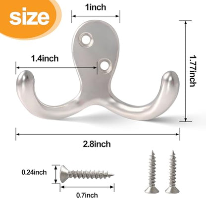 20 Pack Coat Hooks Wall Hooks for Hanging, Heavy Duty Double Prong Metal Hook Wall Mounted for Living Room, Bathroom, Kitchen, Bedroom for Coat, Bag, Scarf, Towel, Hat, Key, Cup (Silver) - color: Silver-20pack