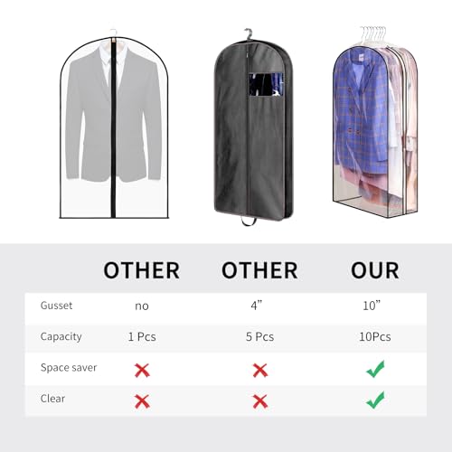 3 Pack 10" Clear Garment Bags for Hanging Clothes, 40" Gusseted Plastic Hanging Covers and Clothing Protectors with Side Zipper, Long Dress Suit Jacket Closet Cover Dust Proof for Wardrobe Storage