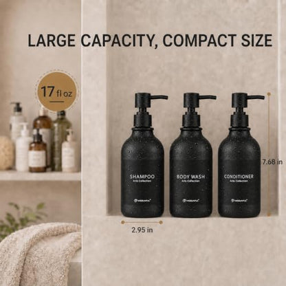 Matte Black Shampoo and Conditioner Dispenser Set of 3, Black Smooth Pump - color: Matte Black