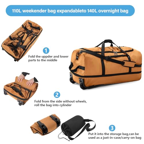 Vomgomfom Wheeled Collapsible Duffel Bag 110L-140L Expandable,Brown - color: Brown