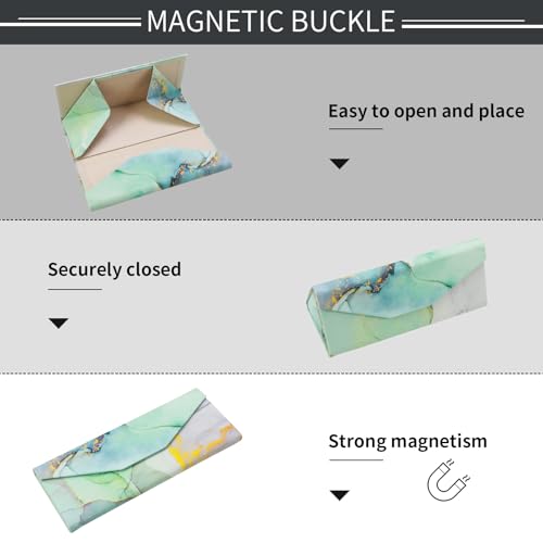 Foldable Glasses Case, Magnetic PU Leahter Sunglasses Case, Cute Hard Shell Folding Eyeglass Cases for Women Kids - color: Green+gold Marble