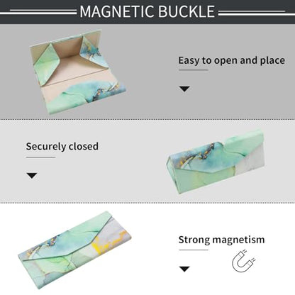 Foldable Glasses Case, Magnetic PU Leahter Sunglasses Case, Cute Hard Shell Folding Eyeglass Cases for Women Kids - color: Green+gold Marble