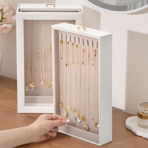 Lolalet Necklace Organizer Box, Jewelry Display Case, White, 4 Layers - color: White, size: 4 Layers, 40 Hooks