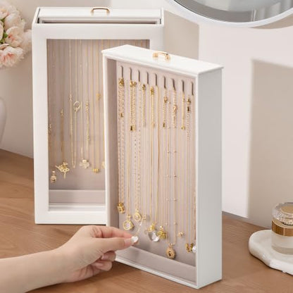 Lolalet Necklace Organizer Box, Jewelry Display Case, White, 4 Layers - color: White, size: 4 Layers, 40 Hooks
