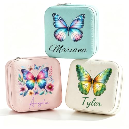 Ships Next Day, Custom Travel Jewelry Box with Name and Butterfly, Personalized Small Travel Jewelry Case, Christmas Birthday Gifts for Women Girls (Style 07) - style: Style 07