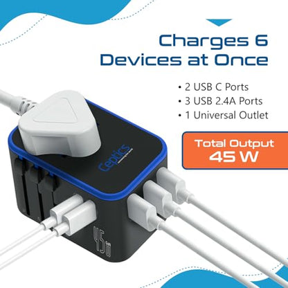 Ceptics 45W Universal Adapter, 3 USB-A, 2 USB-C, Universal Socket - 2 Pack - color: Jet Black