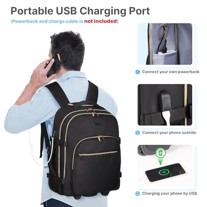 DEVPNR Rolling Backpack for Women, Travel Backpack with Wheels - color: Elegant Black