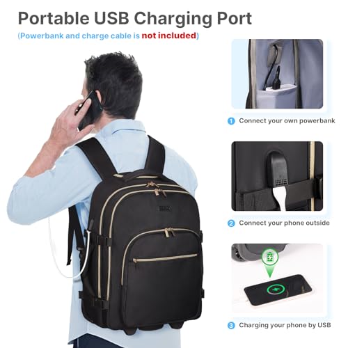 DEVPNR Rolling Backpack for Women, Travel Backpack with Wheels, Black - color: Elegant Black