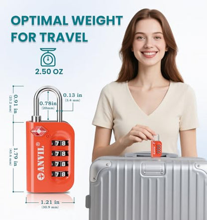 ANVIL TSA Approved Luggage Lock - 4 Digit Combination, 10,000 Combinations, Easy-Read Password Window, Travel Lock for Suitcases, Backpacks, Gym & Student Lockers, Baggage - color: PURPLE 2 PACK