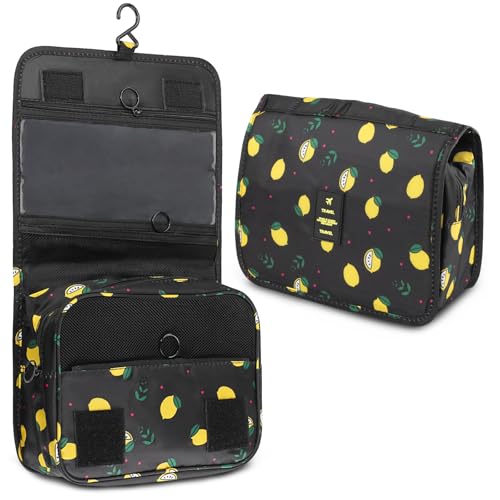 Hanging Toiletry Bag Travel Waterproof Makeup Organizer for Women Men - color: Black Lemon