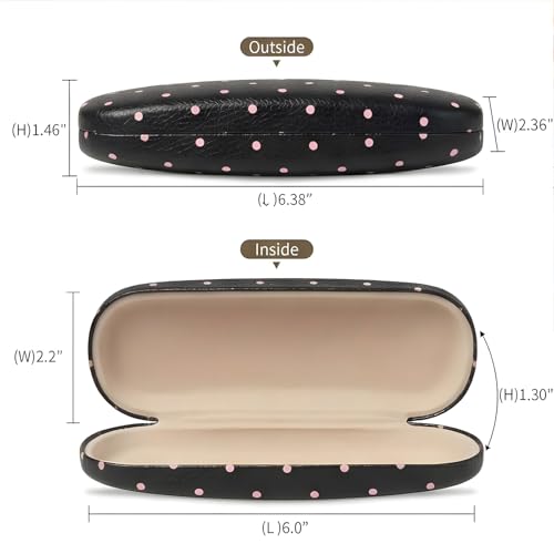 Glasses Case Hard Shell, Cute Sunglasses Case for Women Leather Protective Case for Eyeglass with Cleaning Cloth - color: Black Pink Polka Dot
