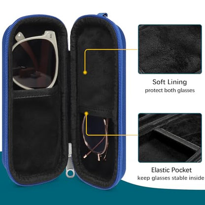 Double Eyeglasses Case for Dual Sunglasses, Hard Shell with Zipper - color: Blue