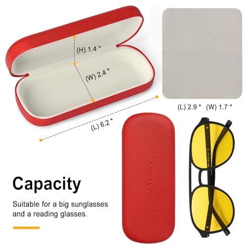 RayLove Glasses Case Hard Shell Eyeglass Case with Cleaning Cloth, PU Leather Protective Eye Glass Cases Fits Most Sunglasses - color: Red